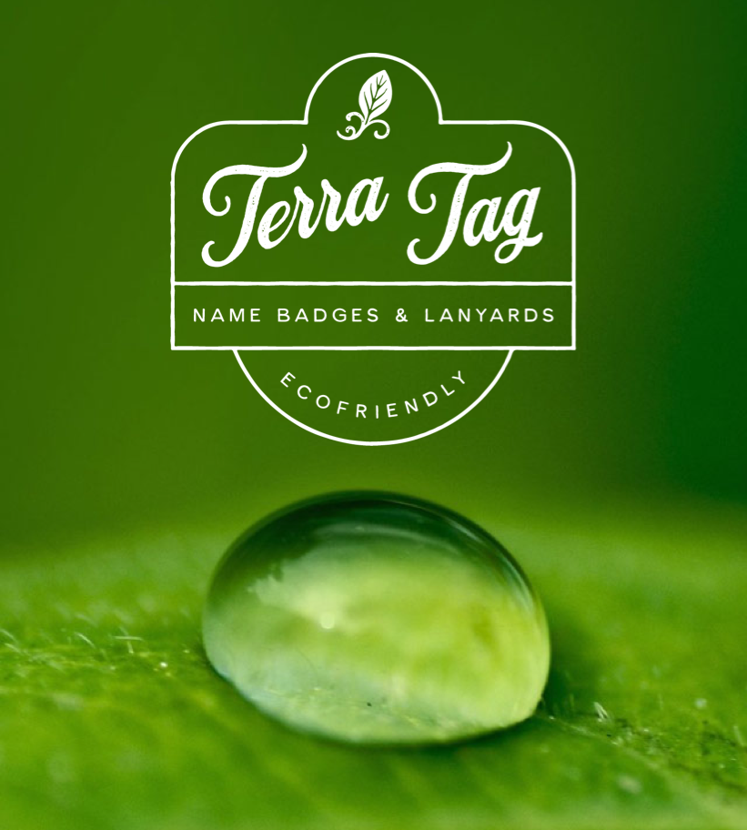Illustration promoting green and sustainable events with Terra Tag, showcasing plantable and recycled name badges and biodegradable lanyards for eco-friendly event management