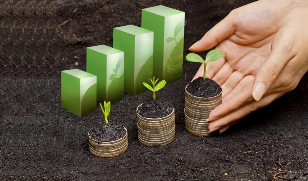 Illustration representing the ROI of corporate sustainability, highlighting how using Terra Tag’s plantable and recycled name badges can deliver environmental and financial benefits for events