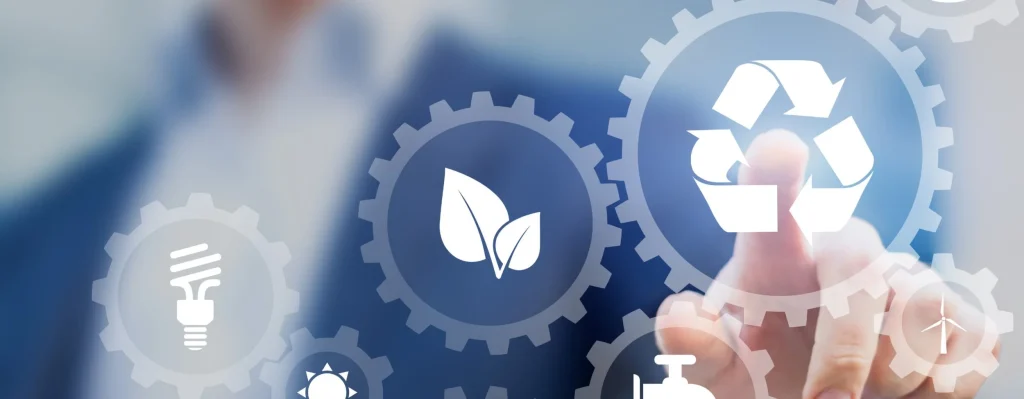 Illustration representing reaching corporate sustainability goals, highlighting the use of Terra Tag’s plantable and recycled name badges and biodegradable lanyards at events