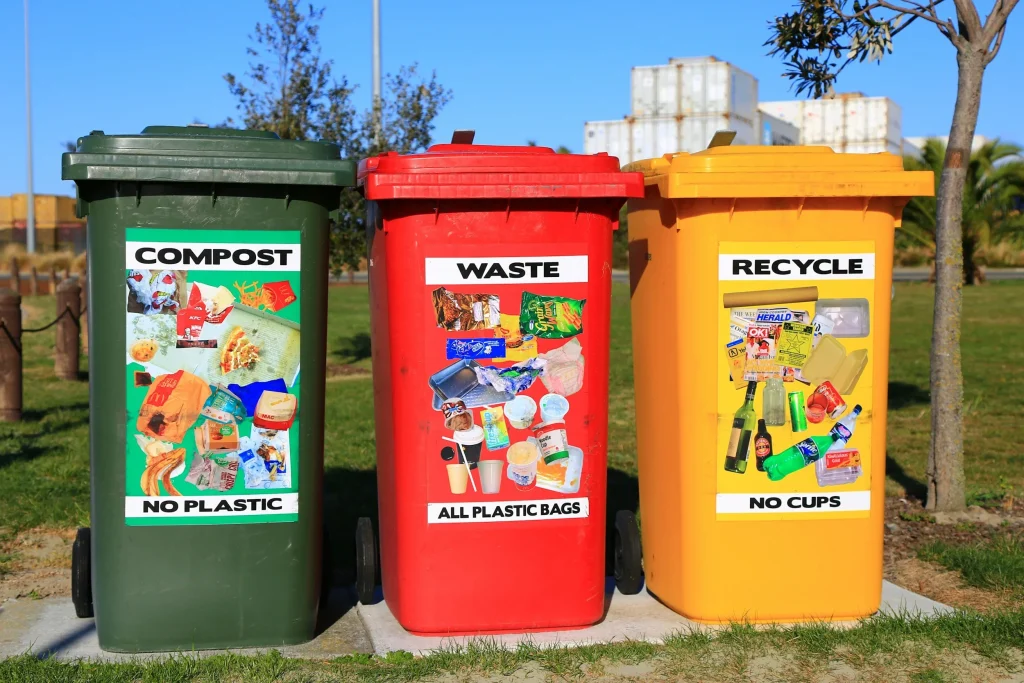 Event waste management bins set up to sort recyclables, compostables, and general waste, supporting sustainable practices alongside Terra Tag’s eco-friendly name badges