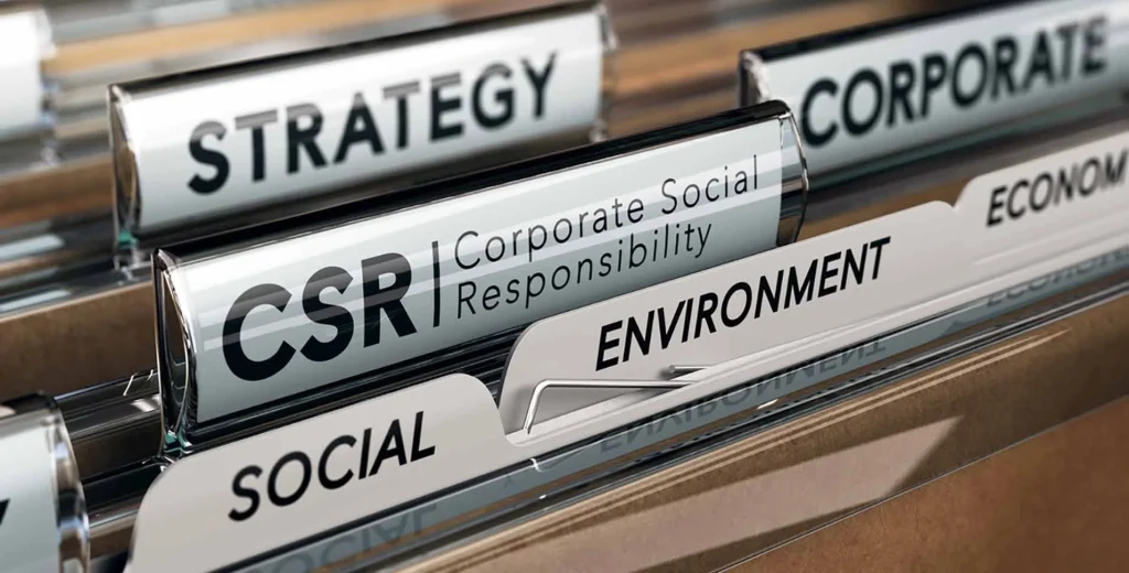 File labeled 'Corporate Social Responsibility,' representing Terra Tag’s commitment to sustainable practices and eco-friendly plantable and recycled name badges for corporate events
