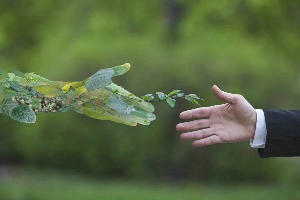Image of a tree shaking hands with a businessman, symbolising environmental responsibility and sustainable corporate practices including Terra Tag’s plantable and recycled name badges