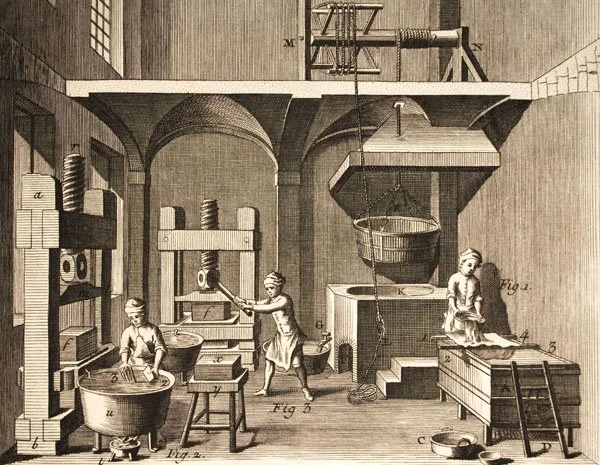 Illustration of ancient papermaking practices, showing traditional methods that inspire Terra Tag’s sustainable approach to creating plantable seed paper name badges