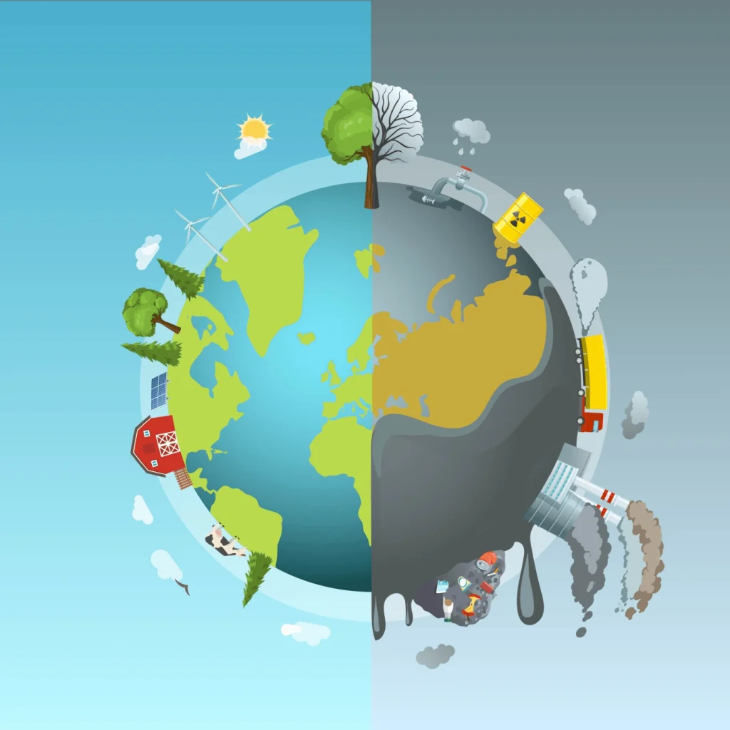 Illustration showing the environmental impact of plastic name badges and lanyards, highlighting the benefits of Terra Tag’s plantable and recycled sustainable alternatives