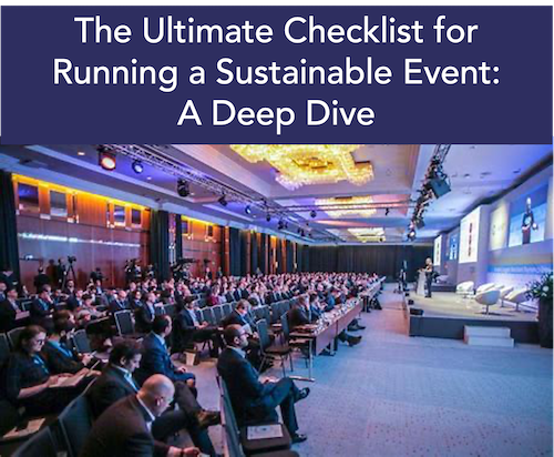 Illustration for the article 'Ultimate Checklist for Running a Sustainable Event Deep Dive,' showing key steps and Terra Tag’s eco-friendly name badges and biodegradable lanyards in action