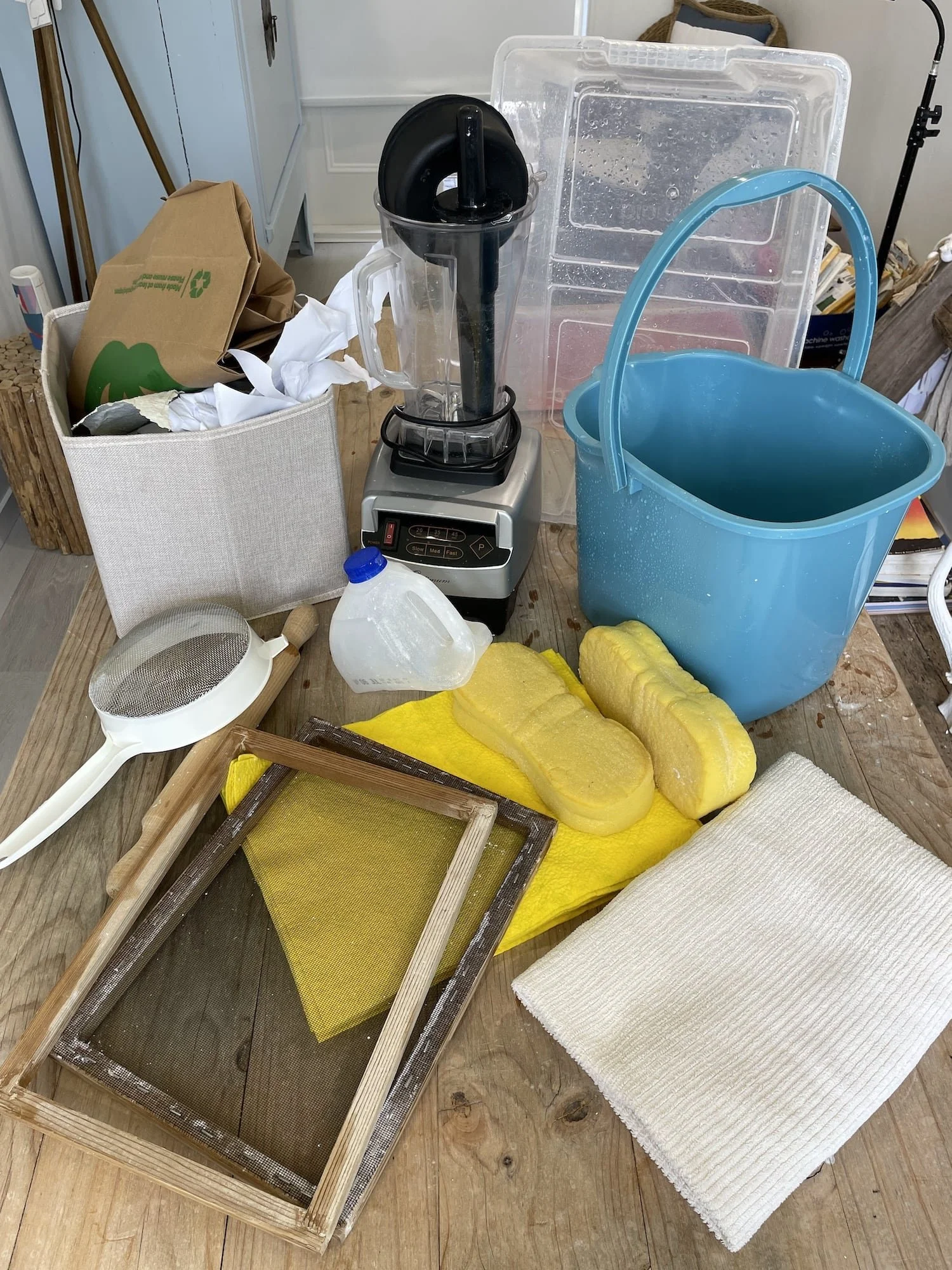 DIY paper making tools laid out ready for how to make paper at home