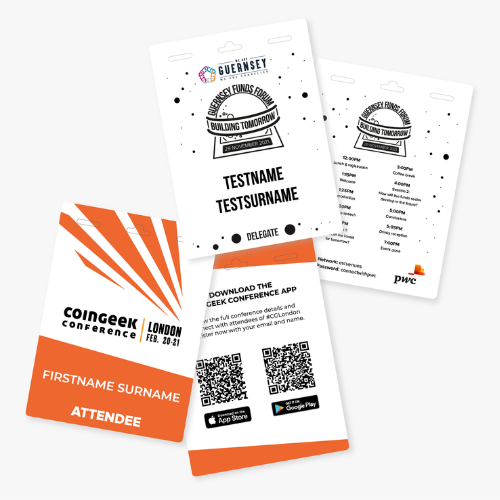 Custom conference name tags by Terra Tag, showing professional design options on plantable and recycled paper with biodegradable lanyards for sustainable events