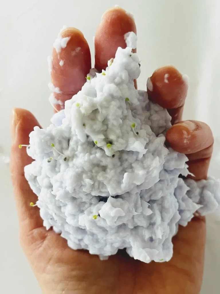 Hand holding seed paper pulp with seedlings sprouting, illustrating Terra Tag’s sustainable process for creating plantable name badges