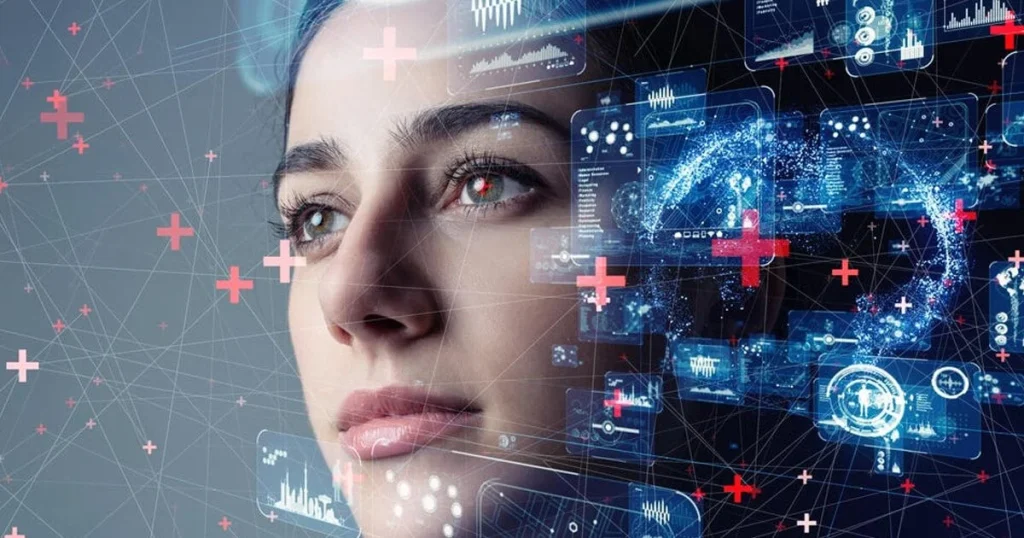 Woman overlaid with digital tech graphics symbolising AI and sustainability in event planning