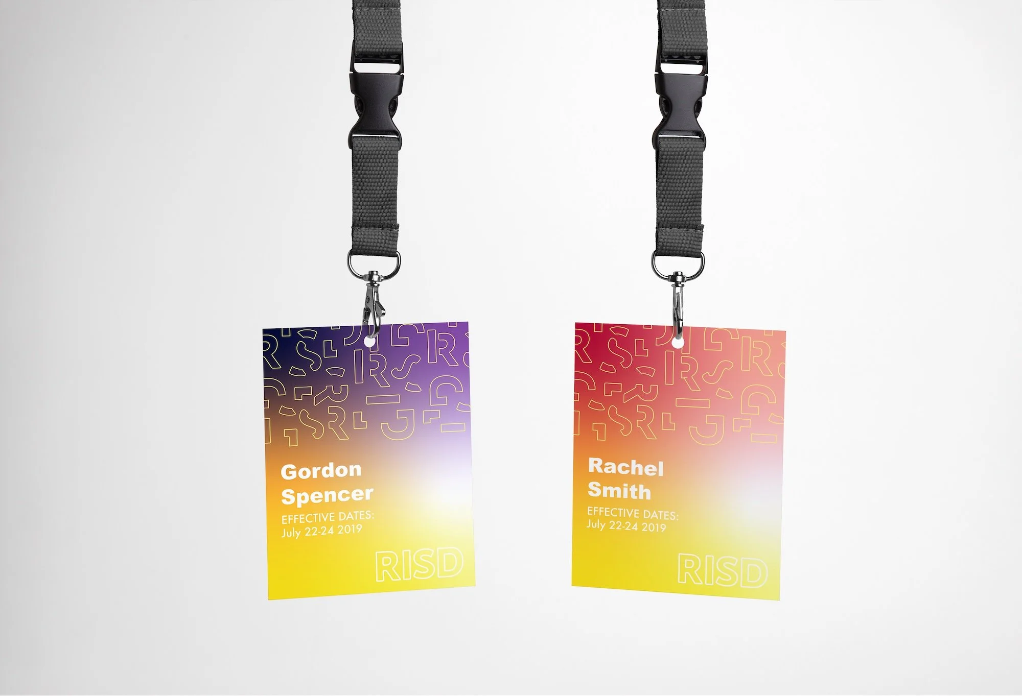 Conference name badge with event logo balanced against attendee name for design clarity