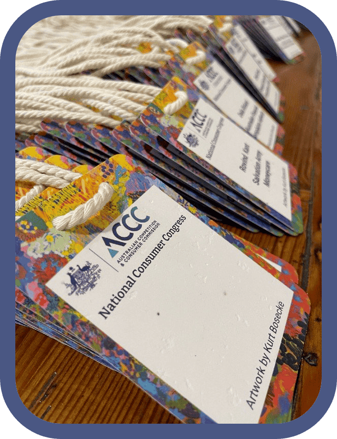 Seed paper name tags used at an Australian government conference for sustainable event design