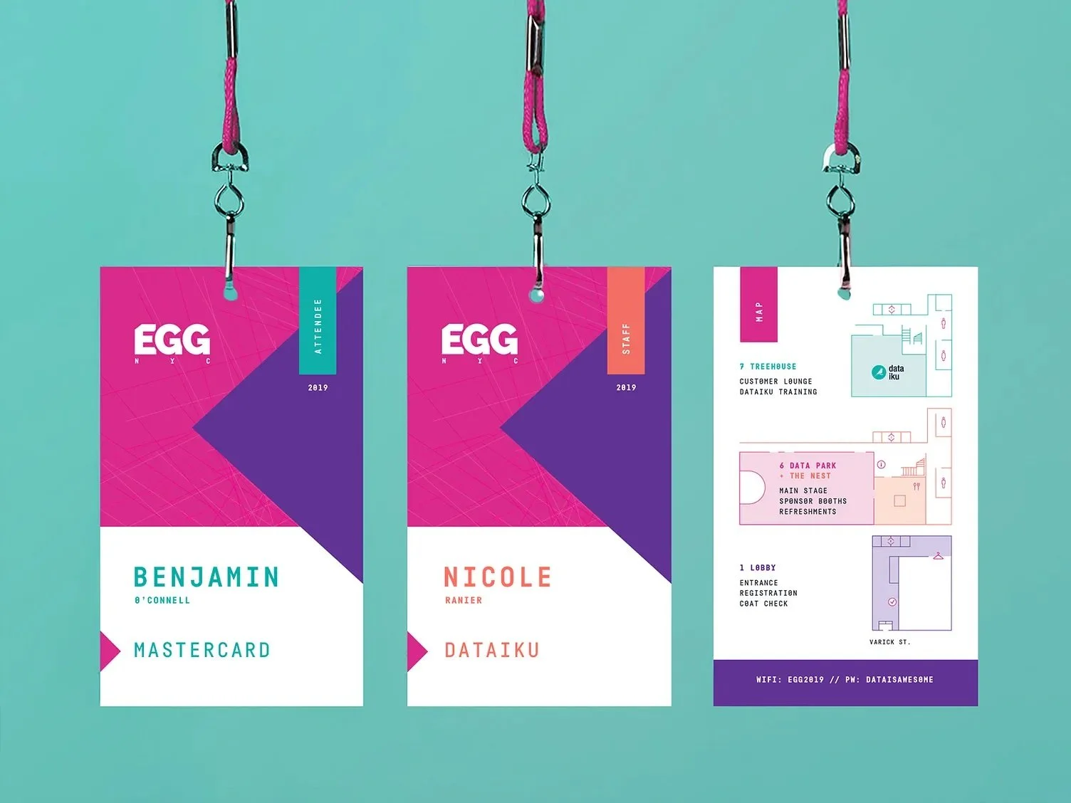 Checklist for conference badge design covering readability branding sustainability and production