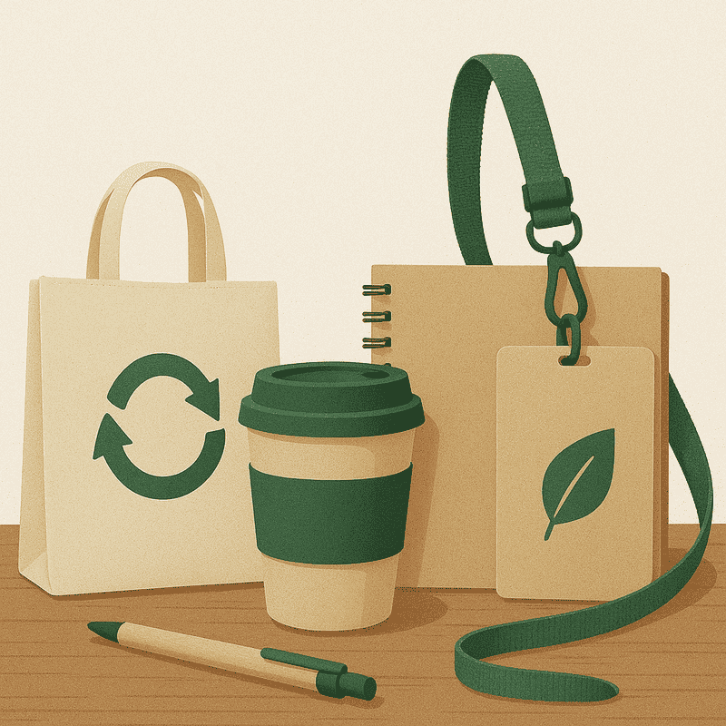 Eco-friendly event swag and supplies including Terra Tag plantable seed paper name badges, recycled paper items, and biodegradable lanyards for sustainable events