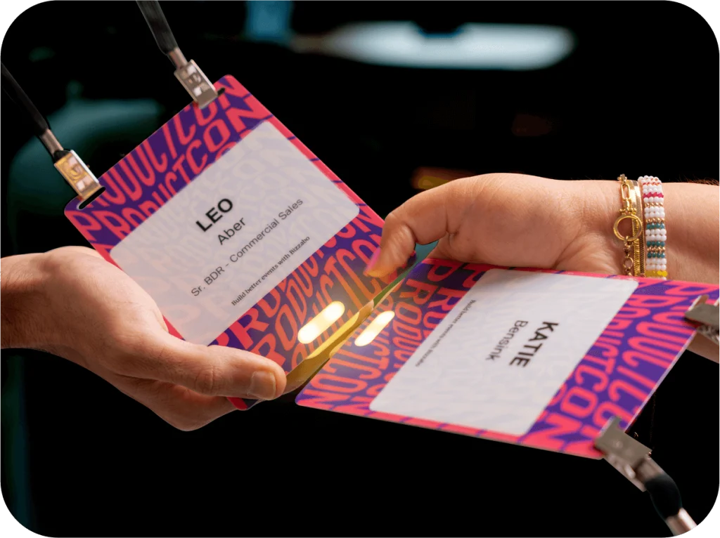Electronic smart name badges at a conference check-in desk