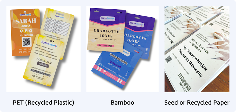 Name Badges Australia comparison PET recycled, bamboo, and plantable badges