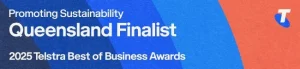 Terra Tag finalist recognition banner for the 2025 Telstra Best of Business Awards, promoting sustainability