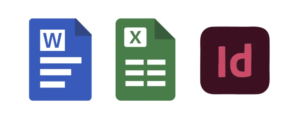 Logos for Microsoft Word, Excel and Adobe InDesign used for conference badge mail merge workflows.