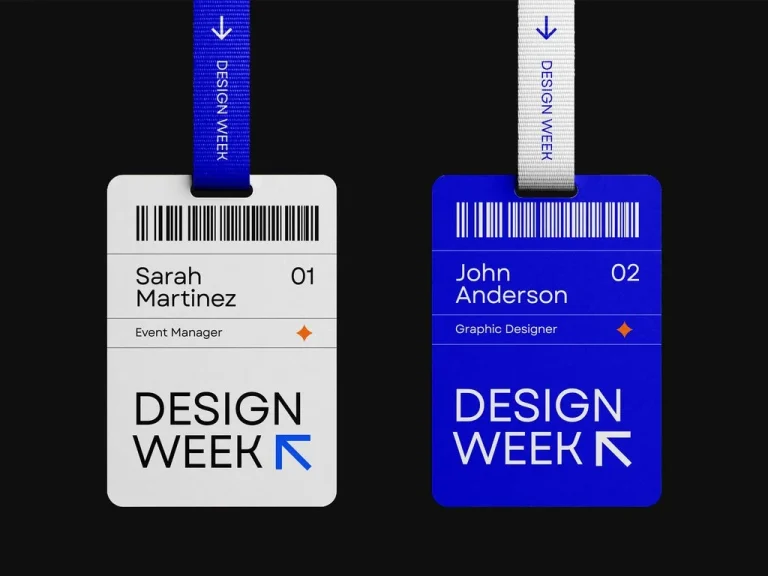 Bold event name tag idea featuring full-bleed brand colour and sharp typography
