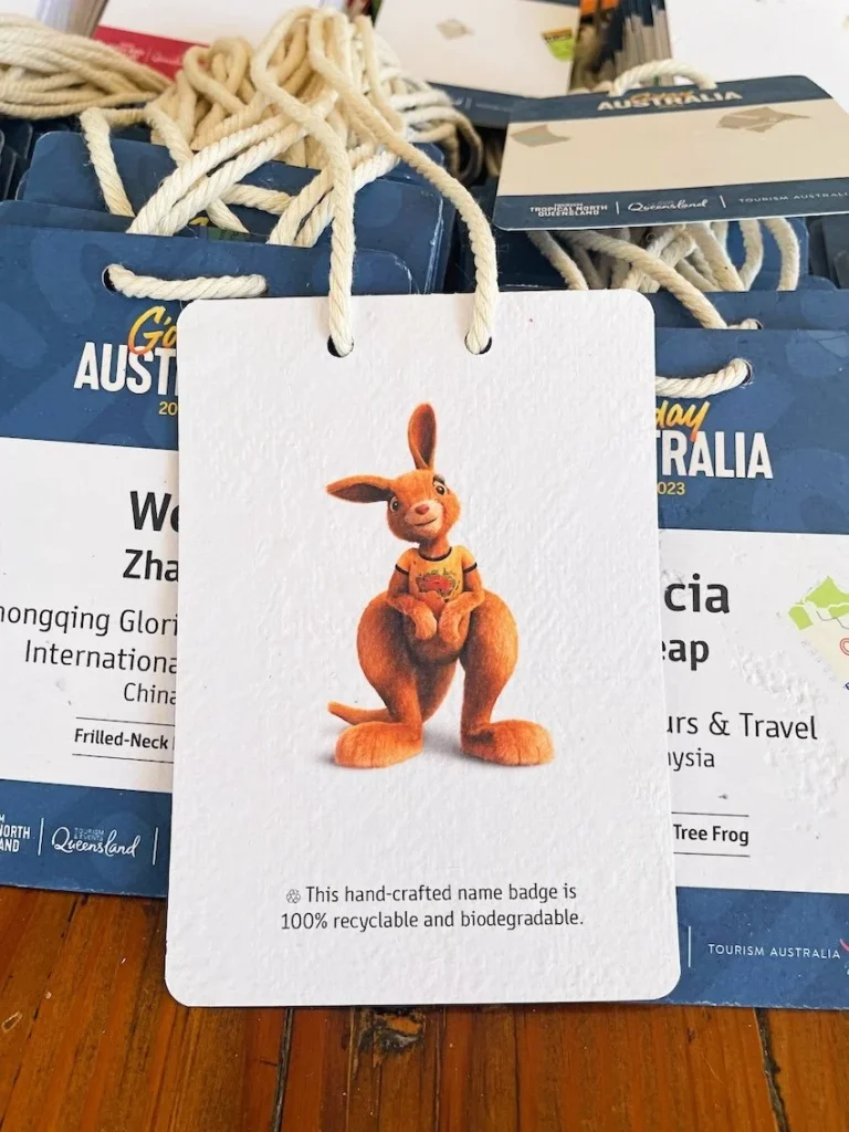 A6 recycled paper name badge with biodegradable lanyard for Tourism Australia