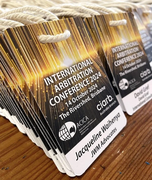 Premium recycled paper name badges by Terra Tag for the International Arbitration Conference 2024, held at The Rivershed in Brisbane.