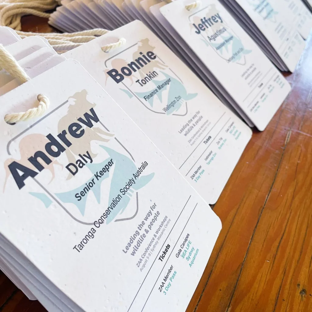 Spot colour A6 recycled paper name badges for sustainability events