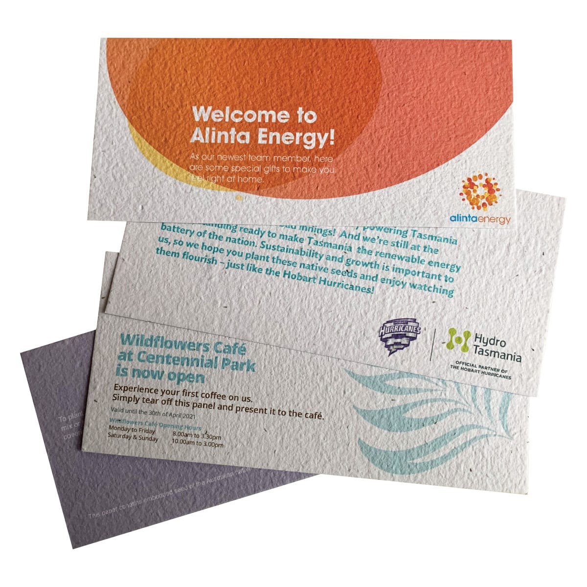 Custom printed seed paper flyers used as corporate giveaways