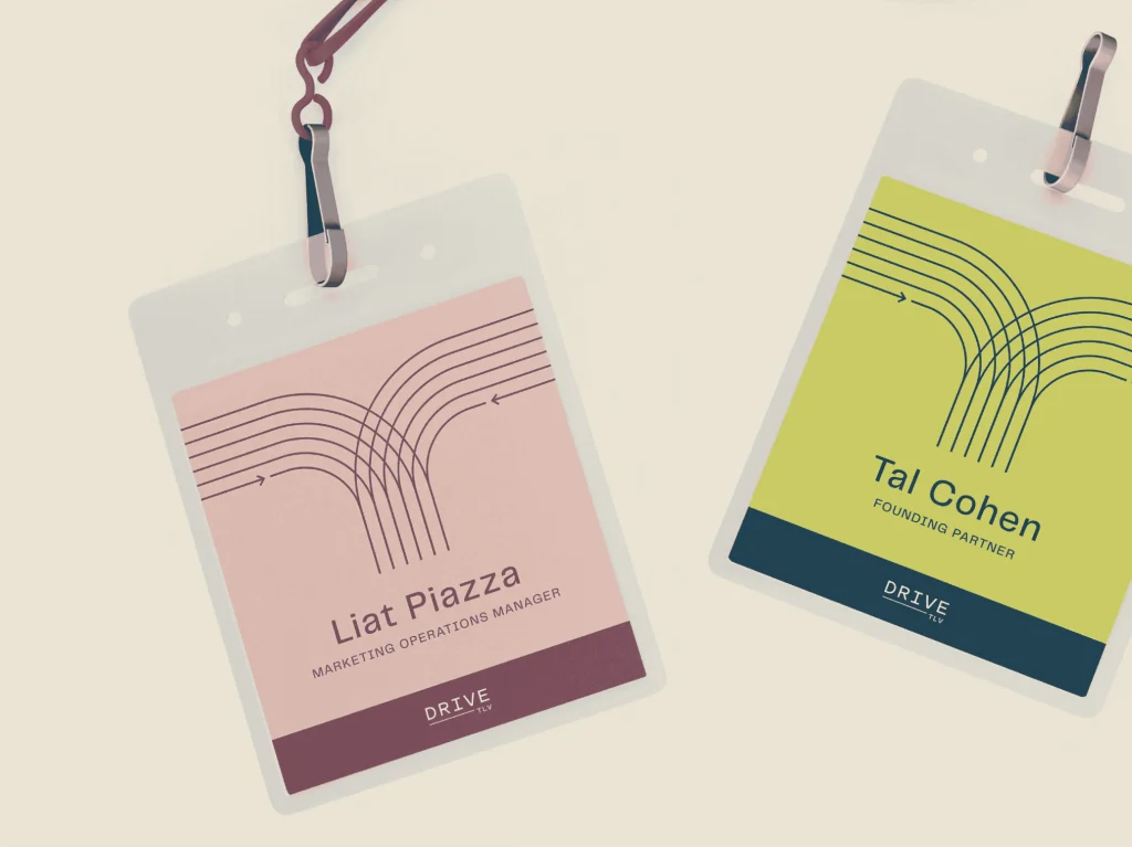 Branded event name tag design with line work for a corporate conference