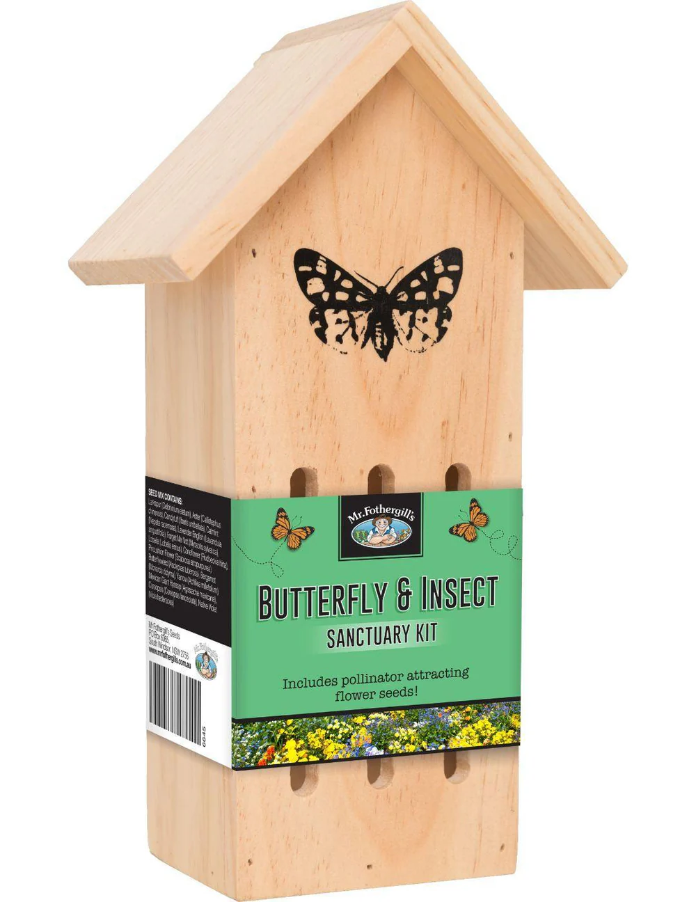 Wooden butterfly and insect sanctuary kit with seed sachet