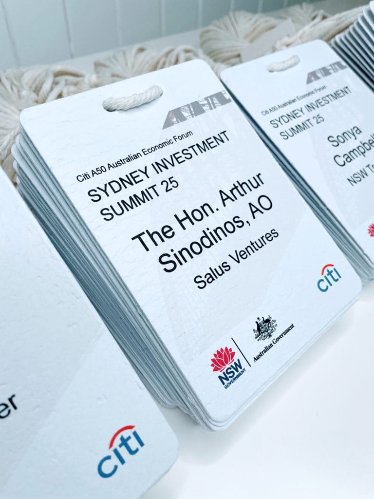 Recycled paper name badges in Australia with biodegradable lanyards.