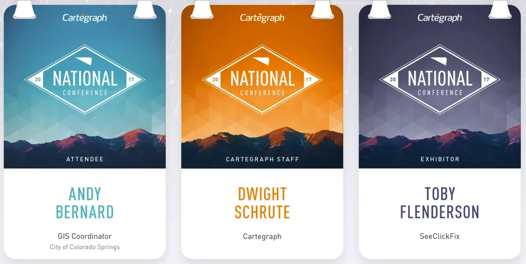 Badge typography layout hierarchy showing font size readability and name prominence on conference badges