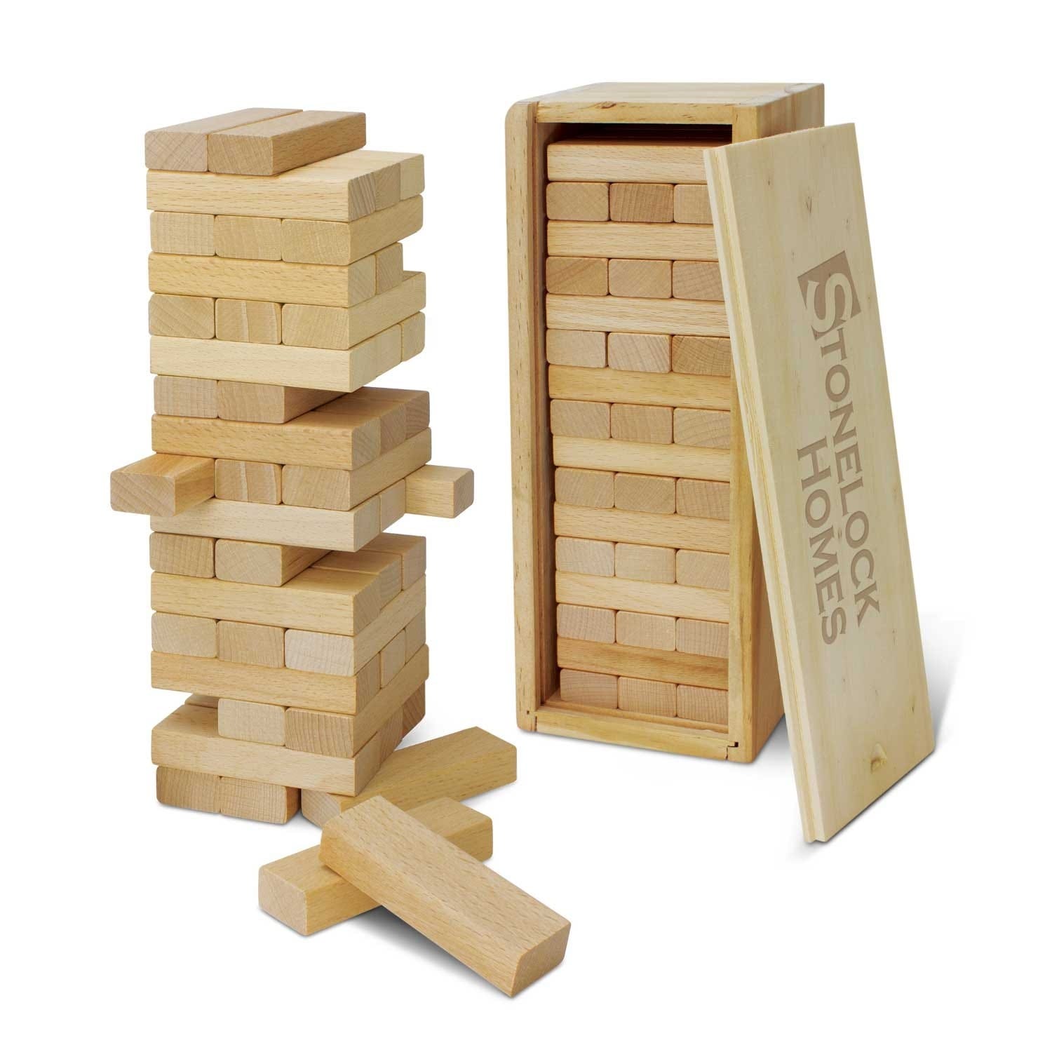 Wooden tumbling tower game in branded box