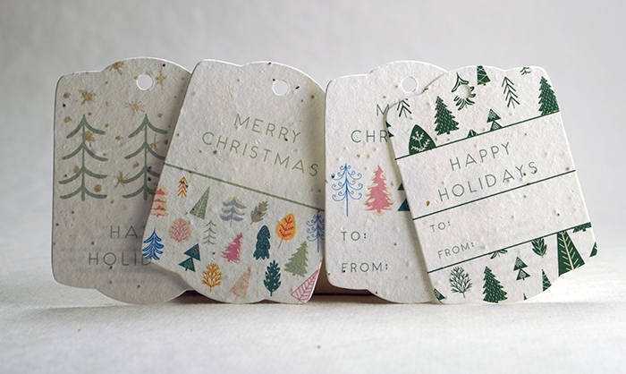 Seed paper gift tags attached to wrapped presents