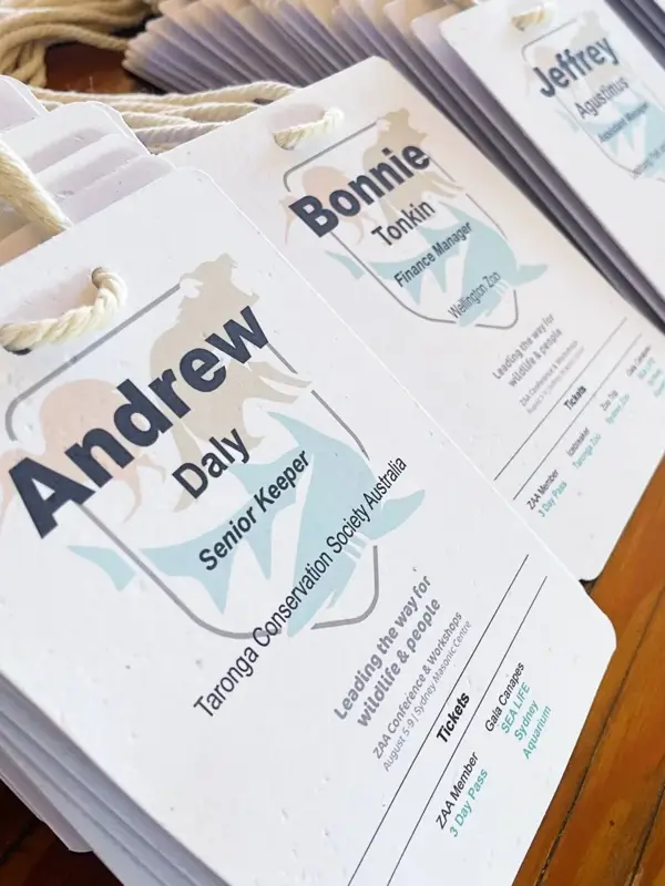 Conference name badges made from recycled paper with eco friendly lanyards