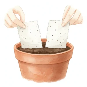 Placing seed paper on soil and covering lightly to help seeds grow