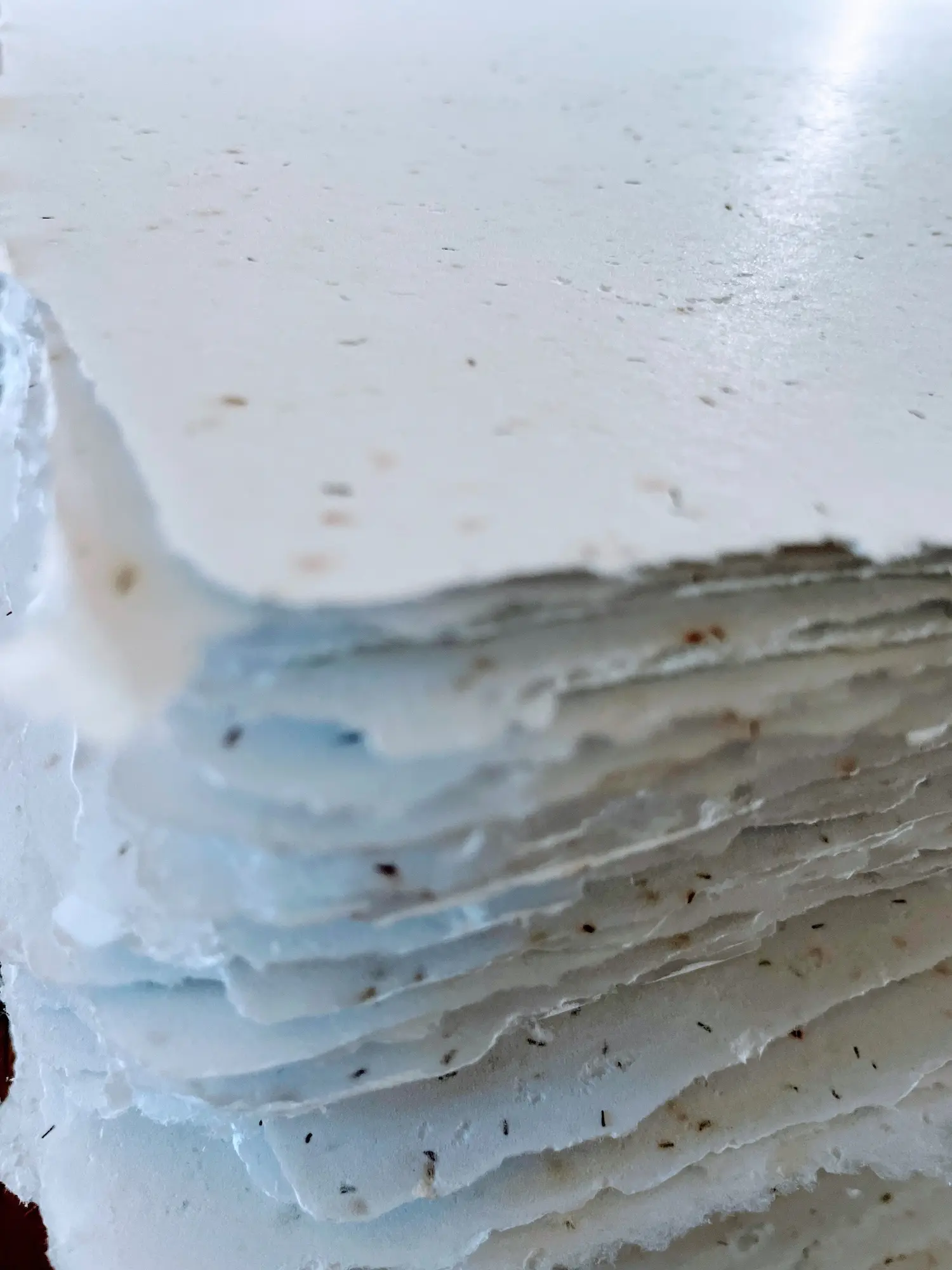 Stack of handmade seed paper with deckle edges.
