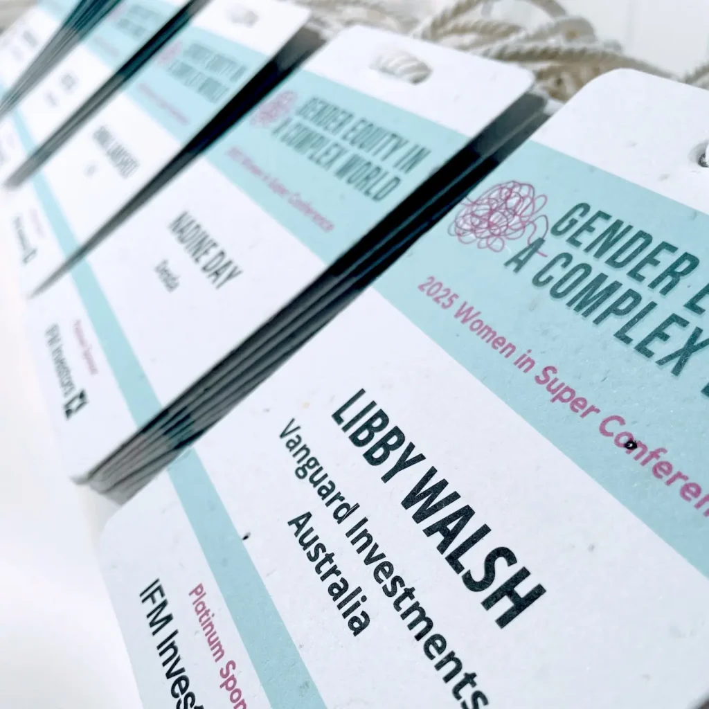 Biodegradable conference name badges for the Gender and Complexity event, printed on thick seed paper.