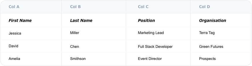 Example spreadsheet showing correct name badge CSV format structure