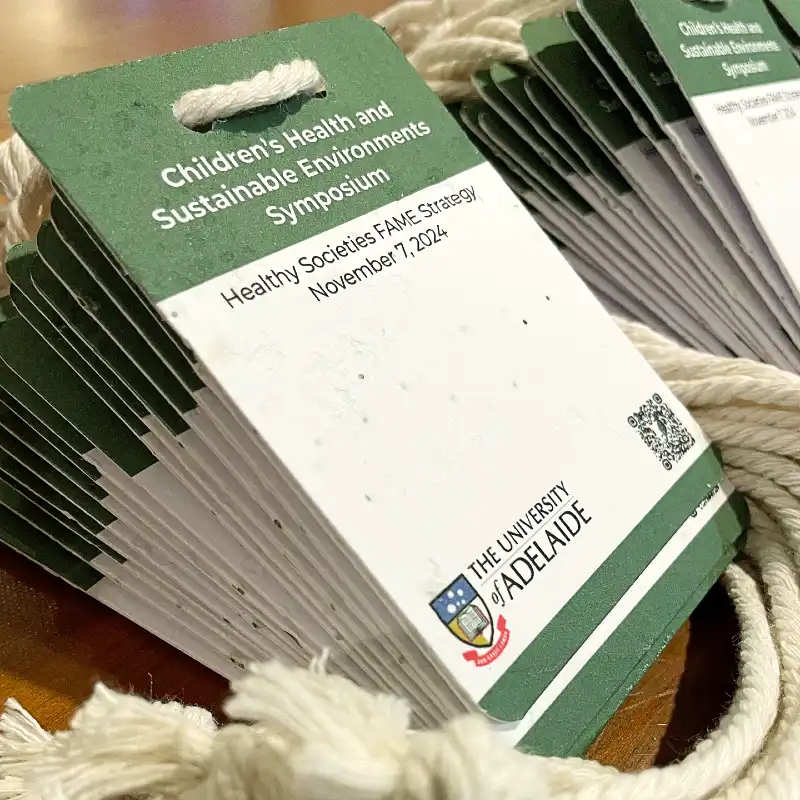 Plantable seed paper name badges Adelaide conference using eco friendly lanyards and large readable first names for sustainable events.