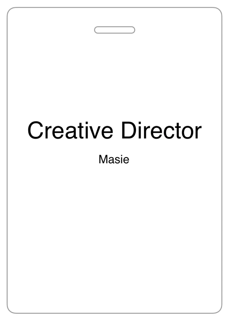 Conference badge with incorrect information hierarchy where job title and logos take priority over the attendee name, reducing usability