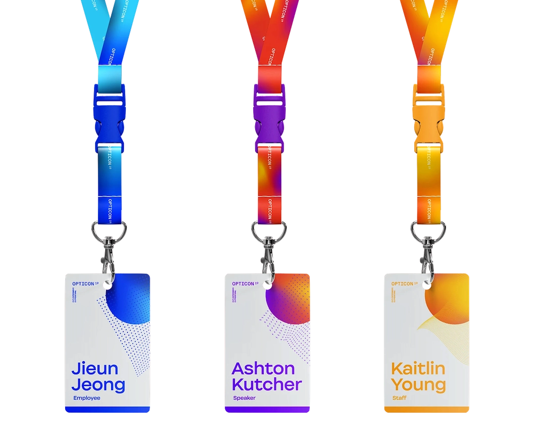 conference name badge design examples showing clear hierarchy and readable names at distance