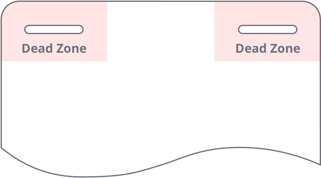 Event badge layout with dual holes at top corners showing clear corner zones and usable centre area