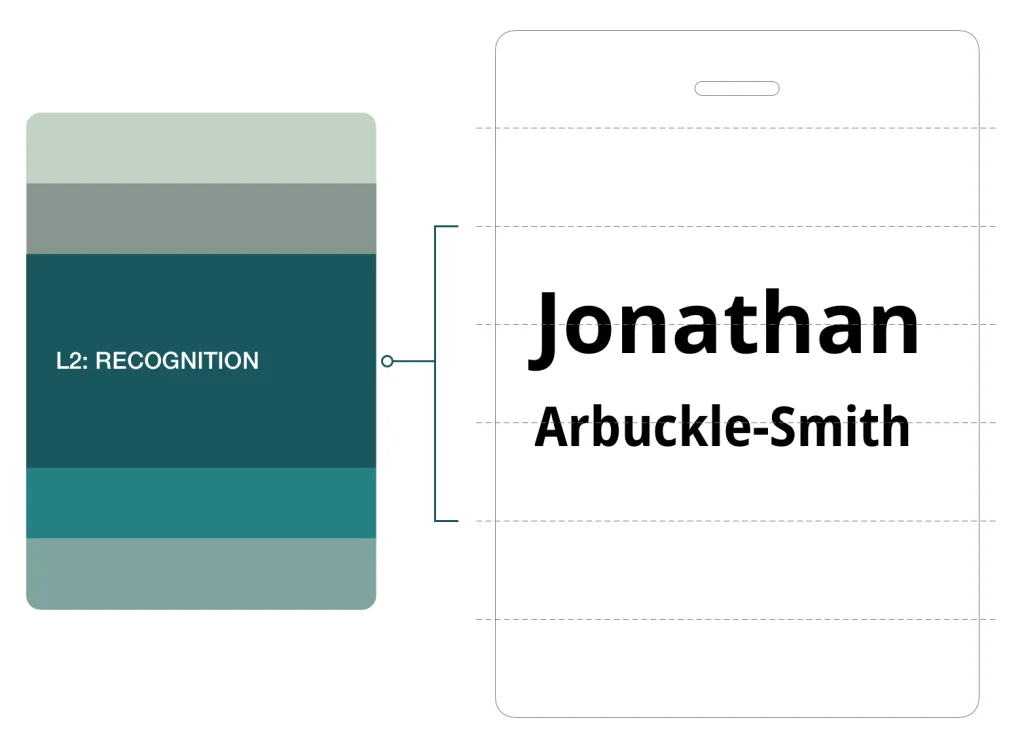 Conference name badge design showing large first name with strong font size hierarchy for clear readability at distance