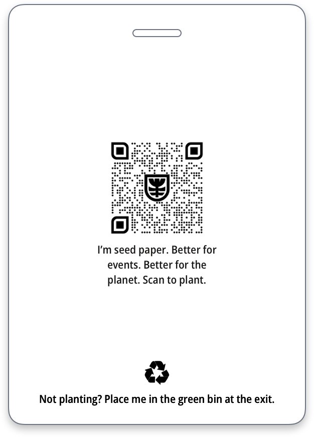 Minimal conference badge back with QR code and recycling instructions for attendee use