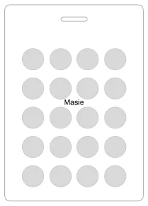 Crowded conference badge layout with logos and graphics competing for space, reducing readability and clarity of the attendee name