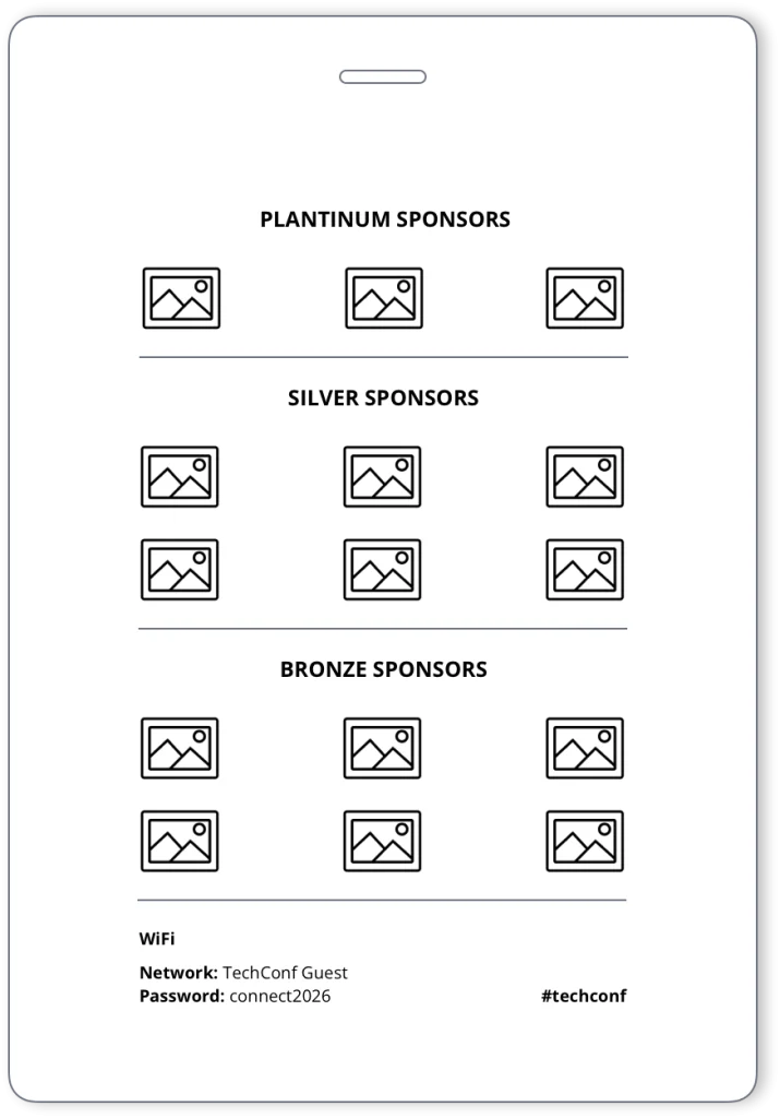 Conference badge back layout showing sponsor logo grid organised by tier