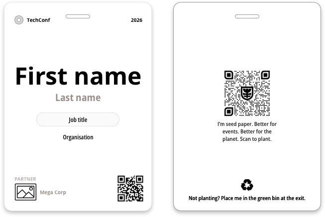 A7 conference badge design optimised for fast recognition with large first name and minimal content layout