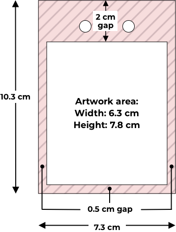 A7 vertical back badge dimensions with print safe area and margin guides