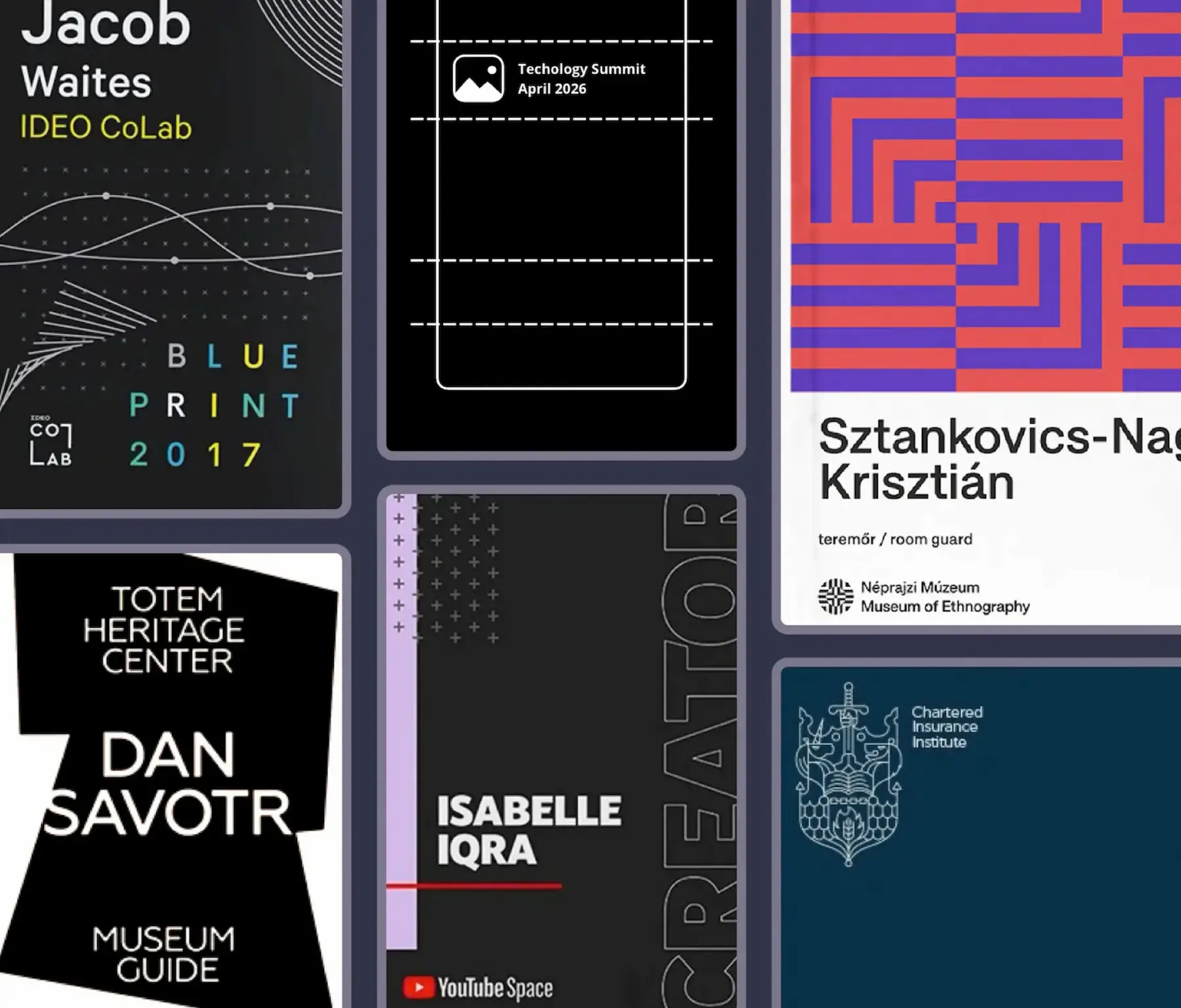 Conference badge design collage showing event name badge layouts