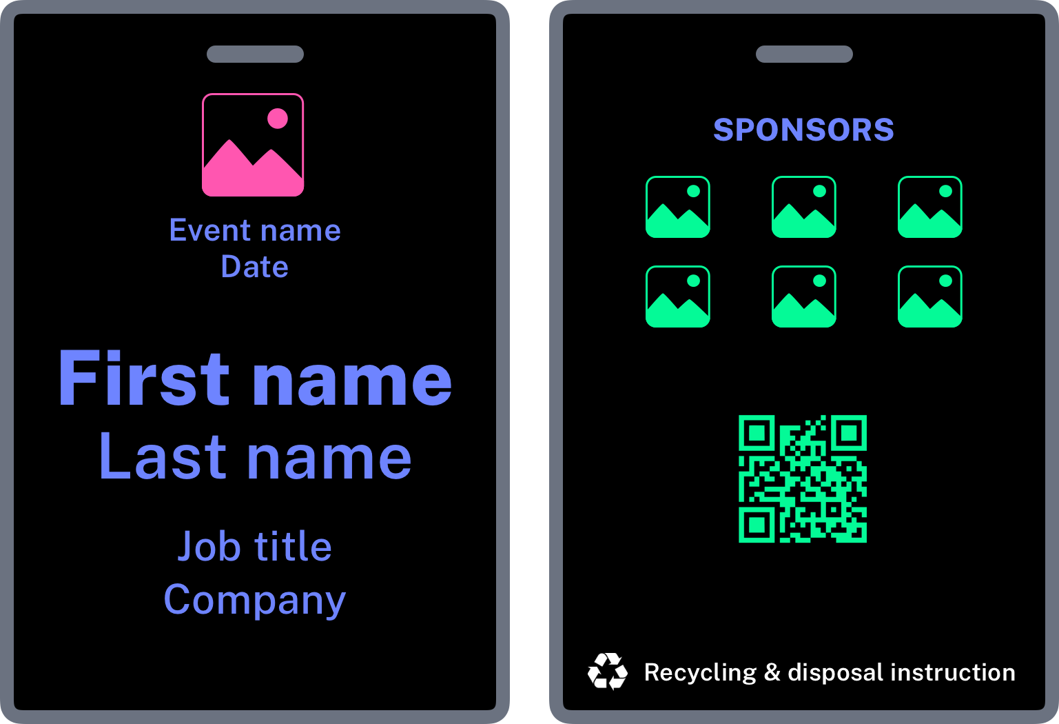 Conference name tag content zones showing name, organisation, title, and event information