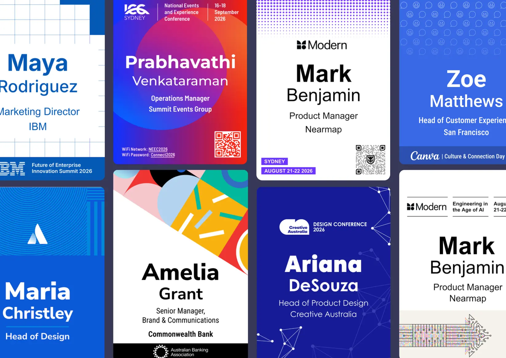 Free conference name tag templates for Canva shown on event badge layouts
